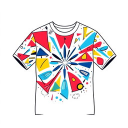 A vibrant and eye-catching t-shirt design featuring a stylized geometric pattern in bold colors like red, blue, and yellow