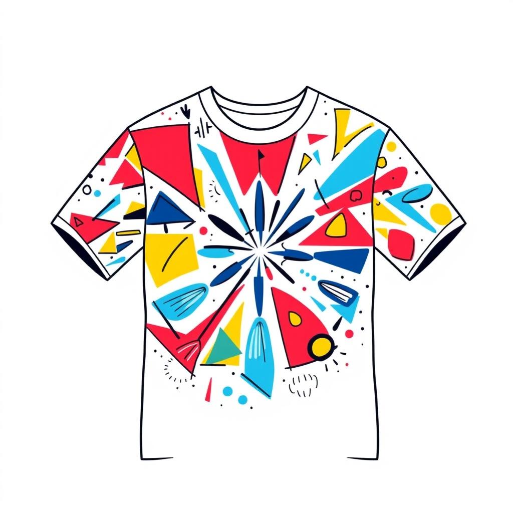 A vibrant and eye-catching t-shirt design featuring a stylized geometric pattern in bold colors like red, blue, and yellow