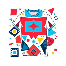 A vibrant and eye-catching t-shirt design featuring a stylized geometric pattern in bold colors like red, blue, and yellow