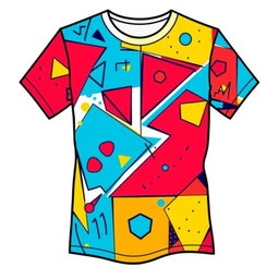 A vibrant and eye-catching t-shirt design featuring a stylized geometric pattern in bold colors like red, blue, and yellow