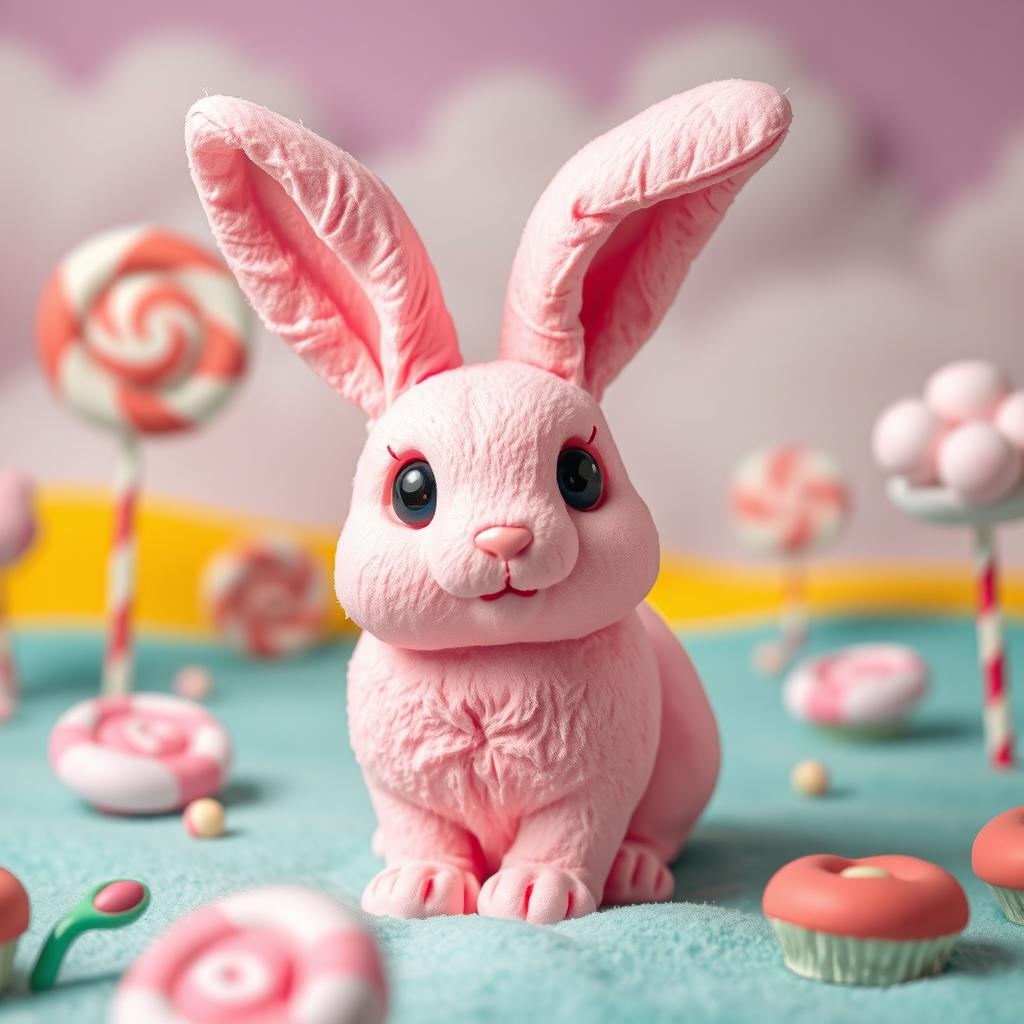 A whimsical scene featuring a bright pink rabbit made entirely of soft, fluffy marshmallow