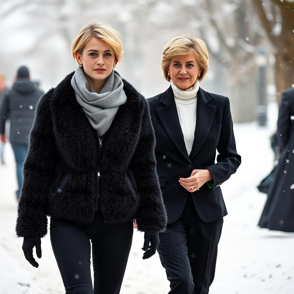 A pretty tall young woman with short blonde hair, wearing a fuzzy black zip-up jacket, a cozy scarf, and black pants, walking alongside a middle-aged woman resembling Princess Diana from 1997