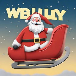 Santa Claus in his sleigh flying over a sign reading 'Welly', modelled after the classic Hollywood sign, with a big Santa hat resting on top.