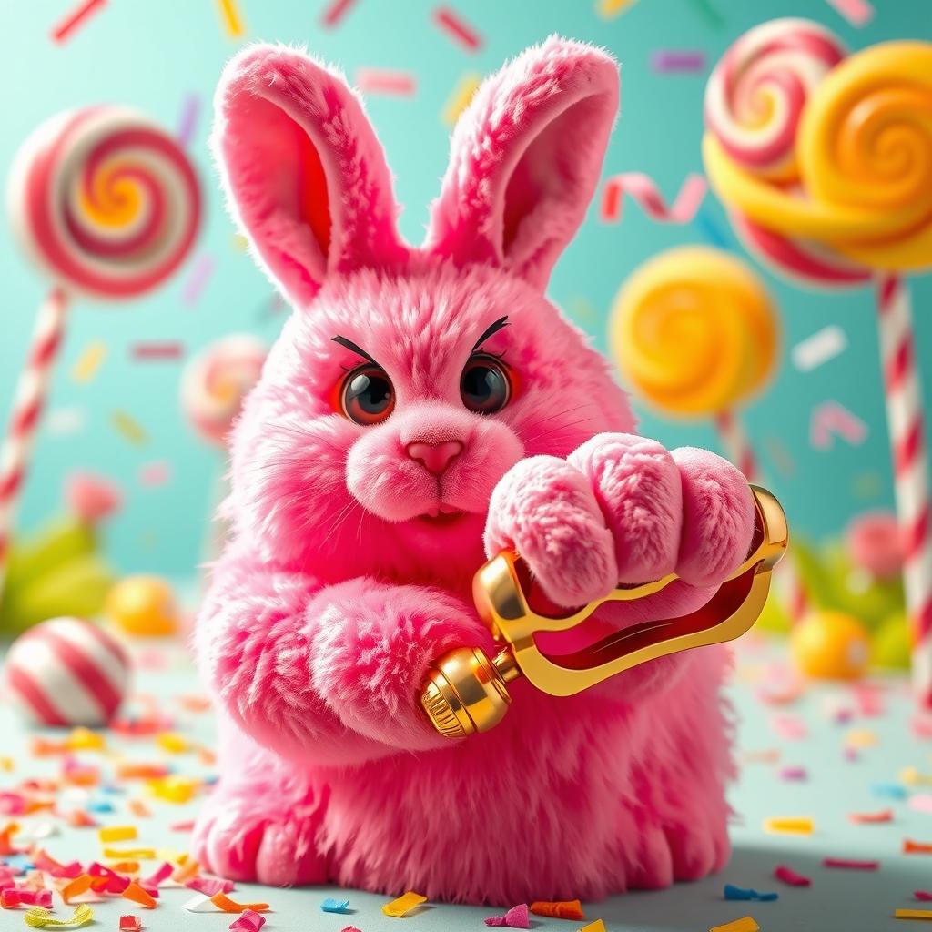 A vibrant and playful scene featuring a bright pink rabbit made of soft, fluffy marshmallow, striking a fierce pose as if ready to fight