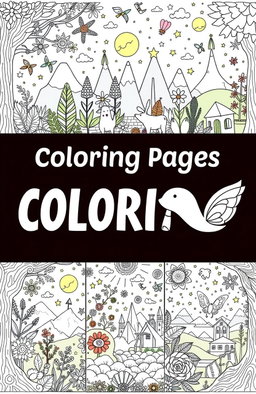 A collection of whimsical and fun coloring book pages featuring intricate designs such as magical forests, adorable animals, travel scenes, and fantasy worlds