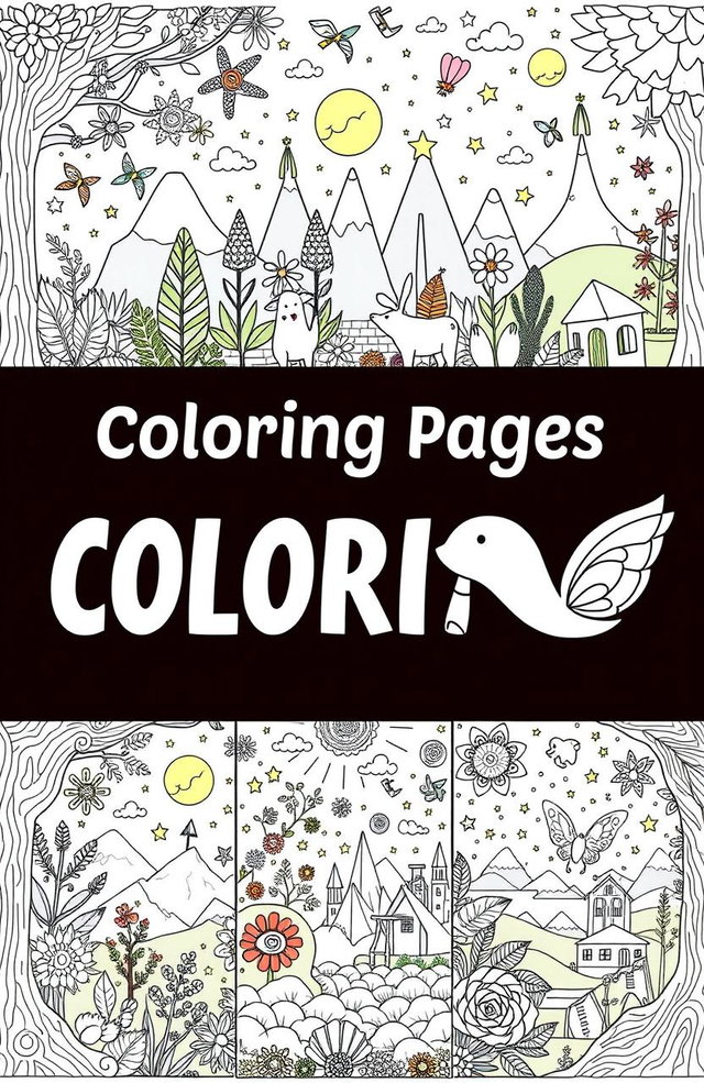 A collection of whimsical and fun coloring book pages featuring intricate designs such as magical forests, adorable animals, travel scenes, and fantasy worlds