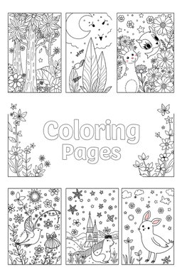 A collection of whimsical and fun coloring book pages featuring intricate designs such as magical forests, adorable animals, travel scenes, and fantasy worlds