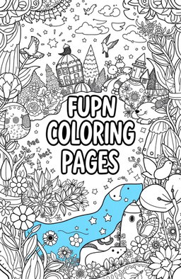 A collection of whimsical and fun coloring book pages featuring intricate designs such as magical forests, adorable animals, travel scenes, and fantasy worlds