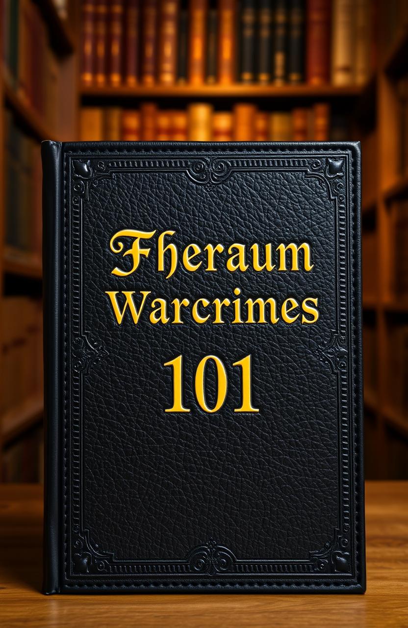 A black leather covered book with an ornate textured surface, displaying elegant golden lettering that reads 'Fheraum Warcrimes 101' in a stylish serif font