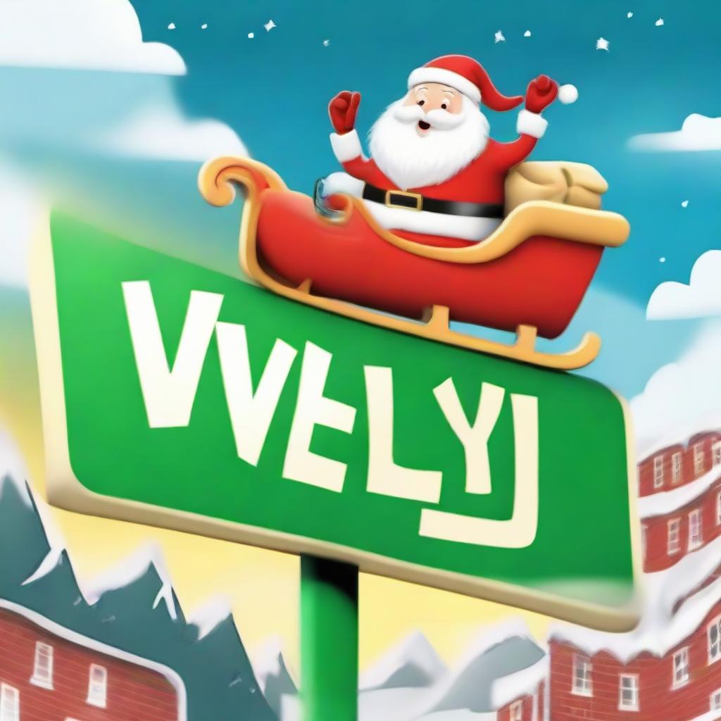 Santa Claus in his sleigh flying over a sign reading 'Welly', modelled after the classic Hollywood sign, with a big Santa hat resting on top.