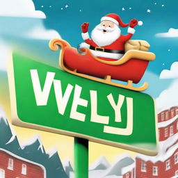 Santa Claus in his sleigh flying over a sign reading 'Welly', modelled after the classic Hollywood sign, with a big Santa hat resting on top.