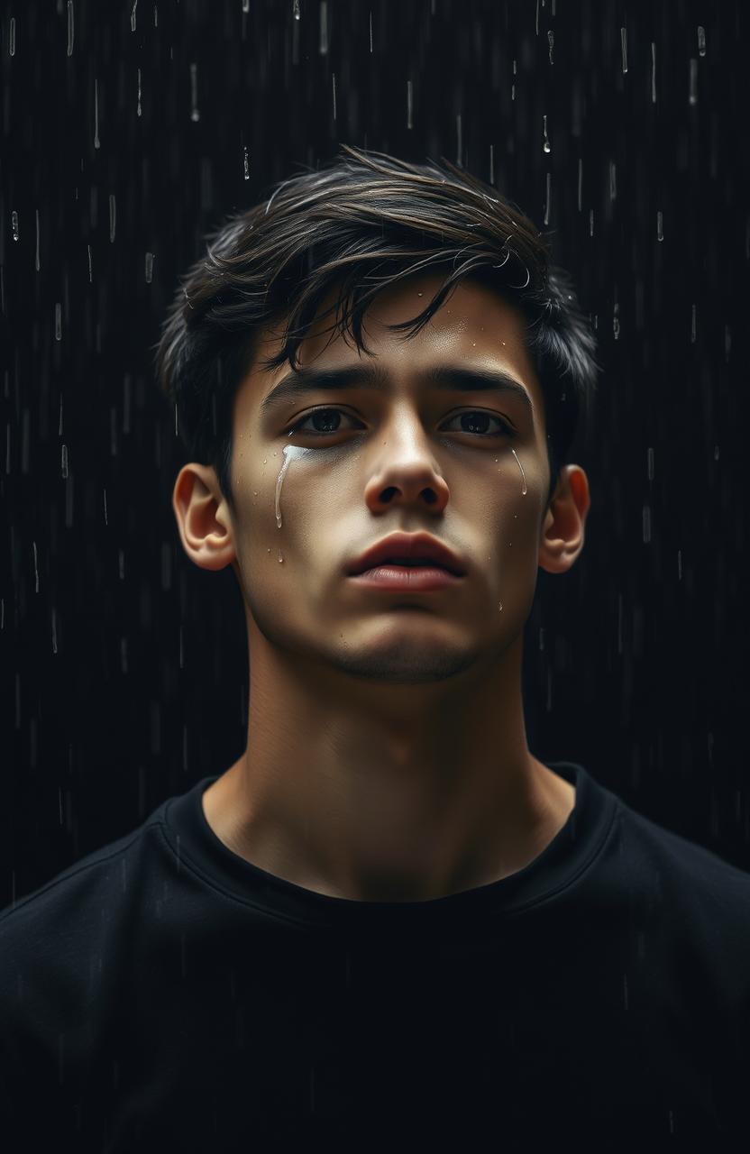 A young man aged 18, with tears streaming down his face, expressing deep emotion
