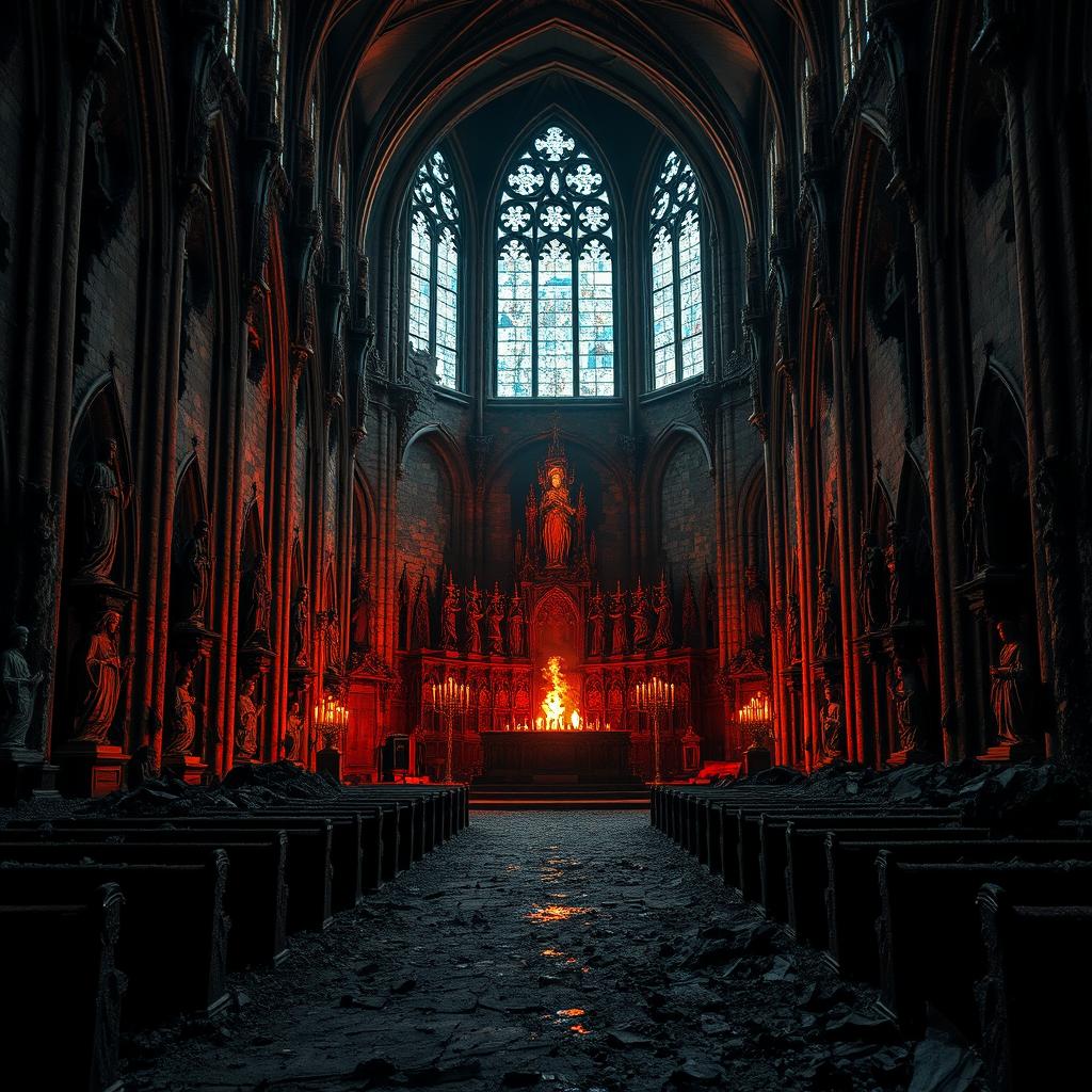 A gothic church in ruins, covered with ashes and soot