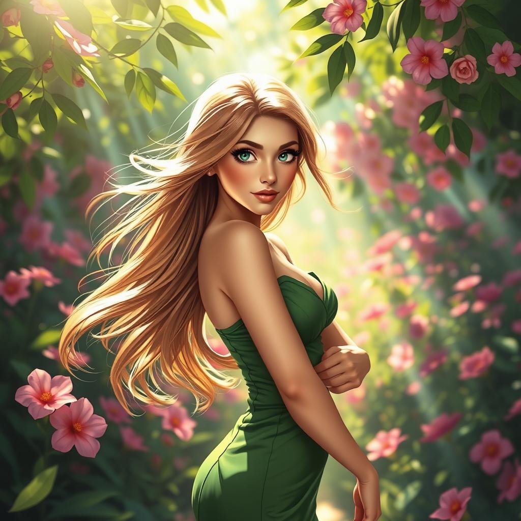 A captivating scene featuring a beautifully dressed young woman named Lustina, with flowing long hair and enchanting eyes, set against a dreamy background of a lush garden filled with vibrant flowers