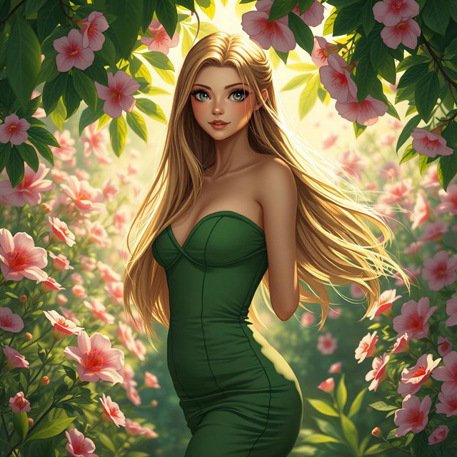 A captivating scene featuring a beautifully dressed young woman named Lustina, with flowing long hair and enchanting eyes, set against a dreamy background of a lush garden filled with vibrant flowers