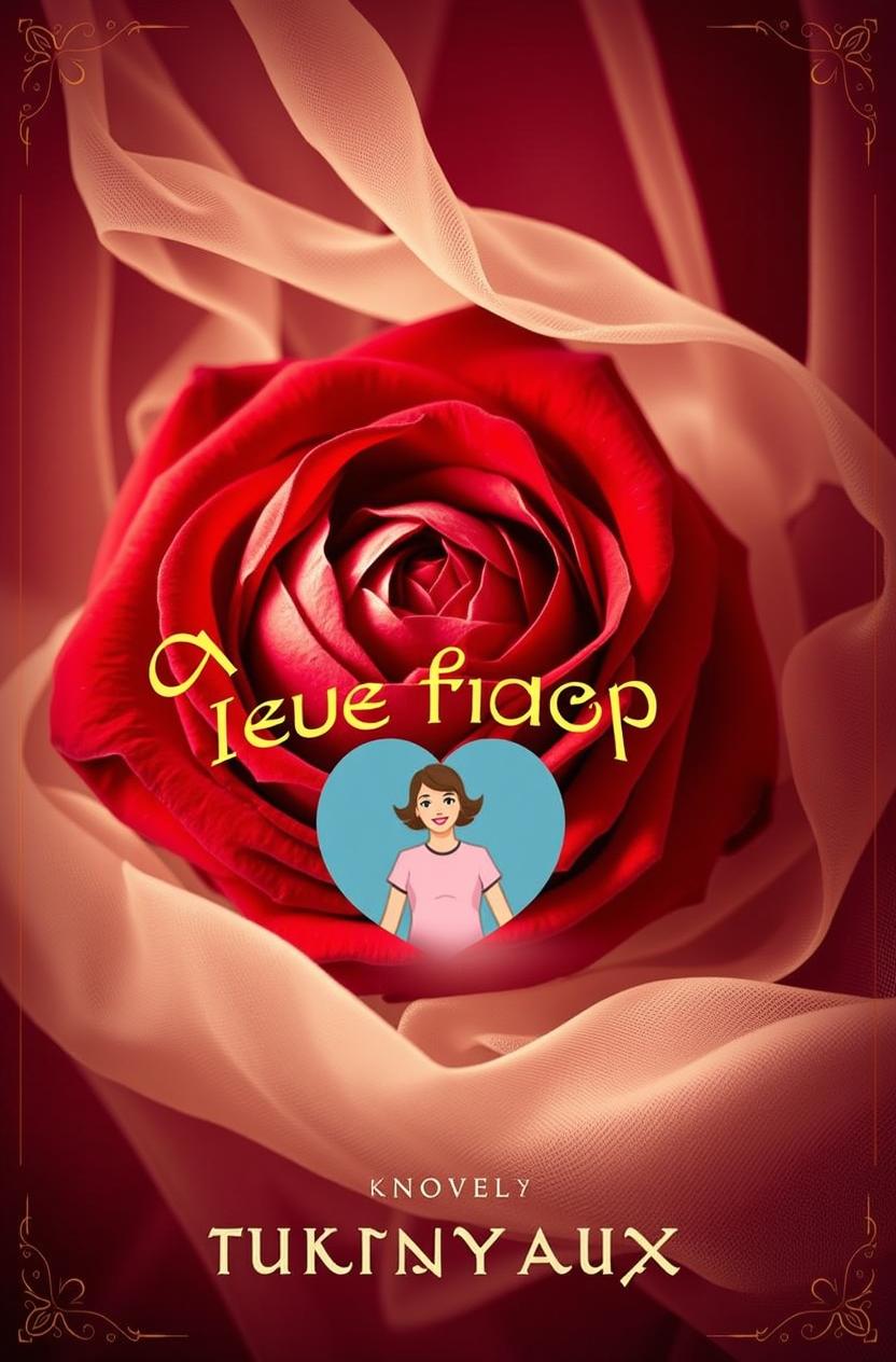 A book cover design featuring a luxurious red rose with intricate petals, enveloped by soft, flowing silk fabric in rich tones