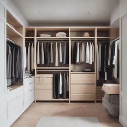 An elegantly designed and well-organized wardrobe filled with a variety of fashionable clothing.