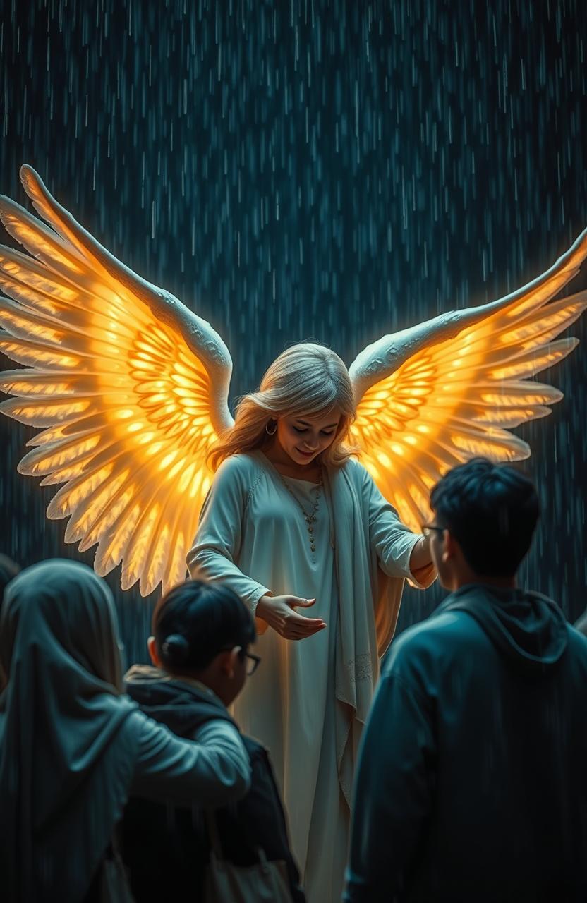 An angel of goodness assisting people in a humanoid form, radiating a warm and ethereal glow that stands out against a dark background