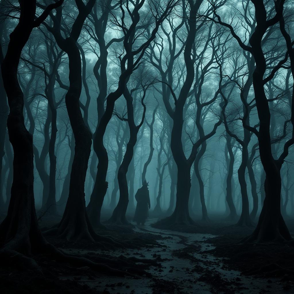 A perpetually twilight forest with tall, twisted trees