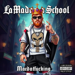 A cover for a rap album featuring a king character dressed in baggy rap attire