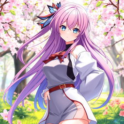 A stunning, anime-style waifu character with long, flowing hair in vibrant colors, wearing a fashionable outfit that blends modern and traditional styles