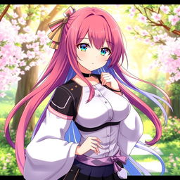 A stunning, anime-style waifu character with long, flowing hair in vibrant colors, wearing a fashionable outfit that blends modern and traditional styles