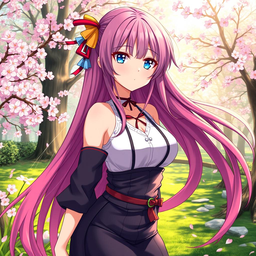 A stunning, anime-style waifu character with long, flowing hair in vibrant colors, wearing a fashionable outfit that blends modern and traditional styles
