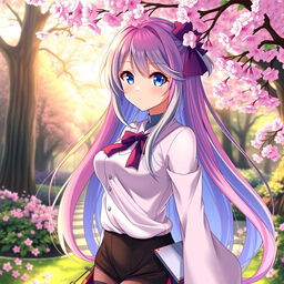 A stunning, anime-style waifu character with long, flowing hair in vibrant colors, wearing a fashionable outfit that blends modern and traditional styles