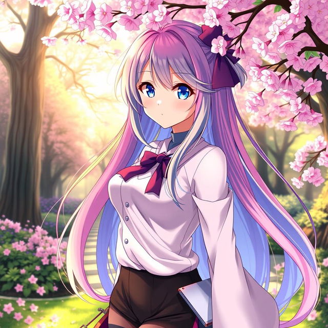 A stunning, anime-style waifu character with long, flowing hair in vibrant colors, wearing a fashionable outfit that blends modern and traditional styles