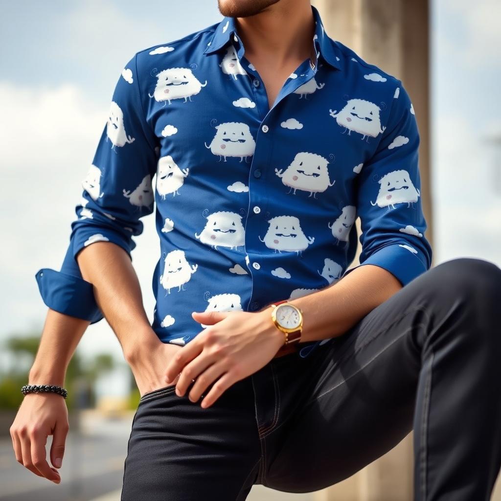 A stylish men's outfit featuring a blue shirt adorned with playful white cloud monsters, capturing a whimsical and fun vibe