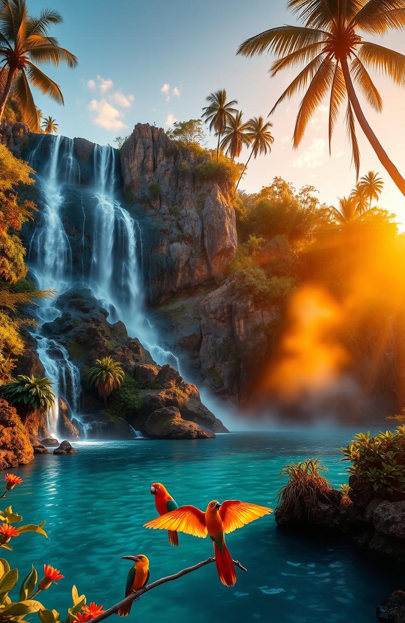 A breathtaking landscape featuring a stunning, majestic waterfall cascading down a rocky cliff, surrounded by lush tropical vegetation and vibrant flowering plants