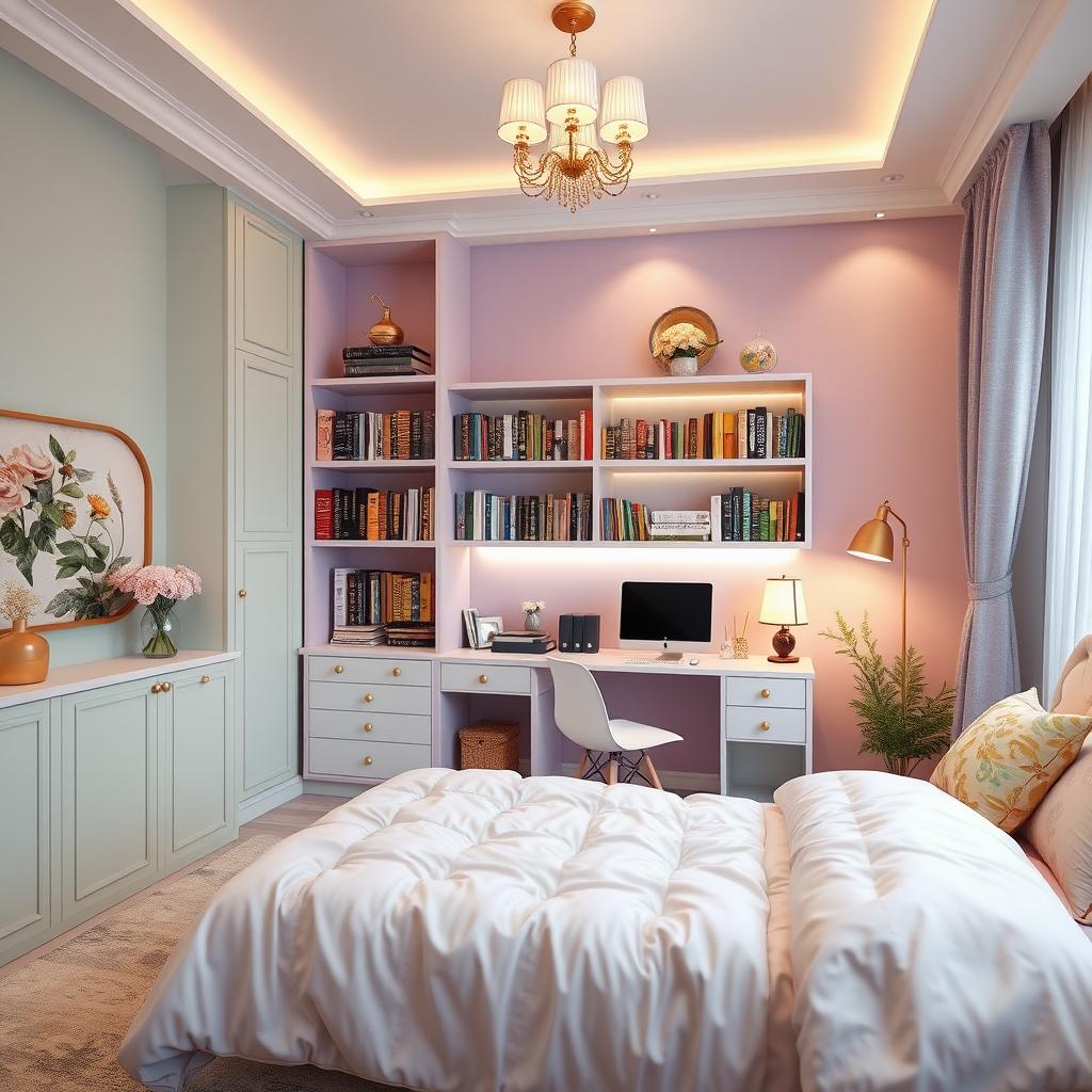 Cozy feminine bedroom design measuring 3 meters by 3 meters, featuring a charming bookshelf displaying an array of colorful books, a stylish desk for a PC, and an overall color scheme of lilac, green, and gold