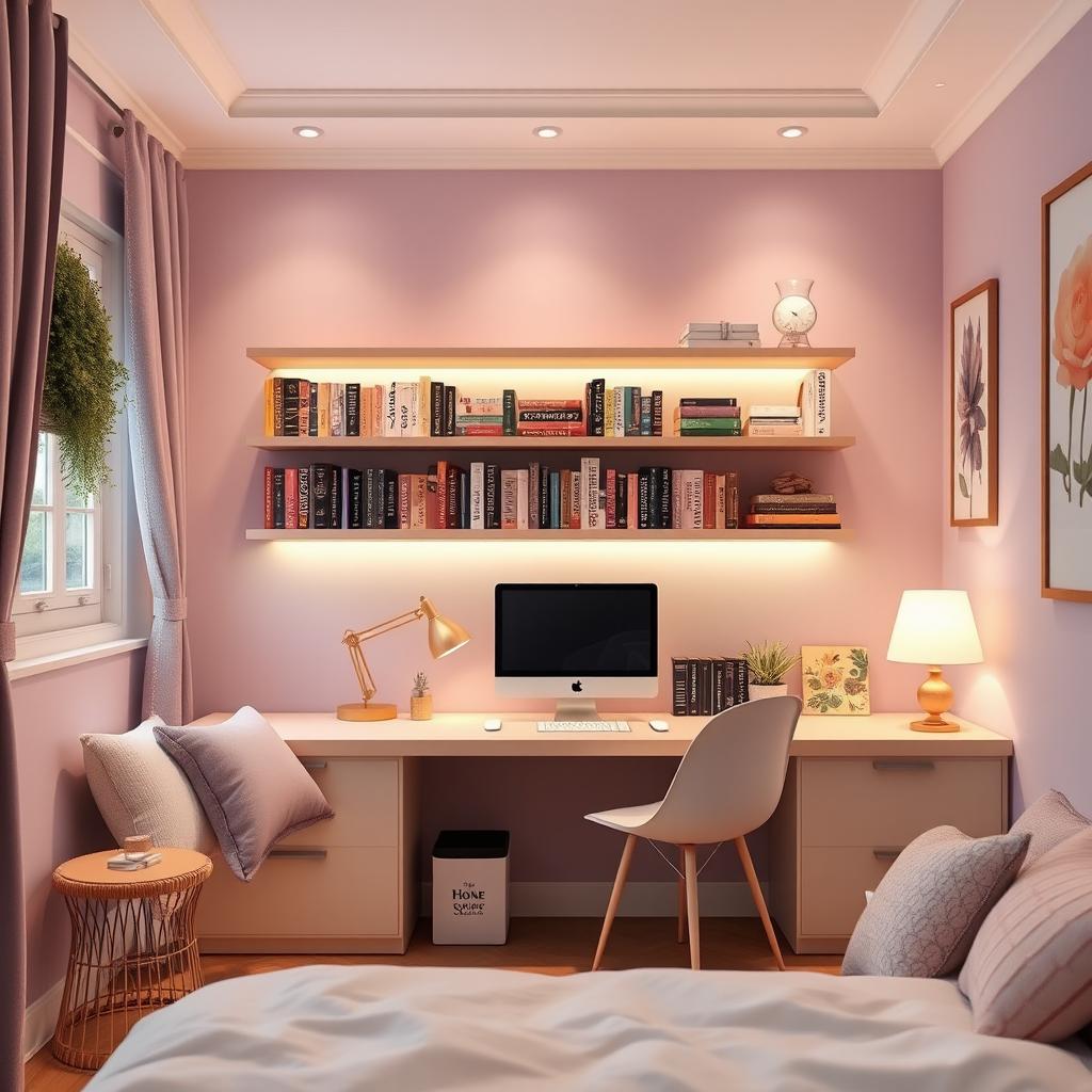 Cozy feminine bedroom design measuring 3 meters by 3 meters, featuring a beautiful display shelf filled with an assortment of colorful books, a stylish desk for a PC, and a chic color palette of lilac, green, and gold