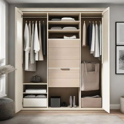 An elegantly designed and well-organized wardrobe filled with a variety of fashionable clothing.