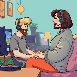A delightful retro pixel art scene featuring a couple engaged in long-distance online gaming