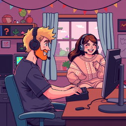 A delightful retro pixel art scene featuring a couple engaged in long-distance online gaming