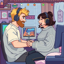 A delightful retro pixel art scene featuring a couple engaged in long-distance online gaming