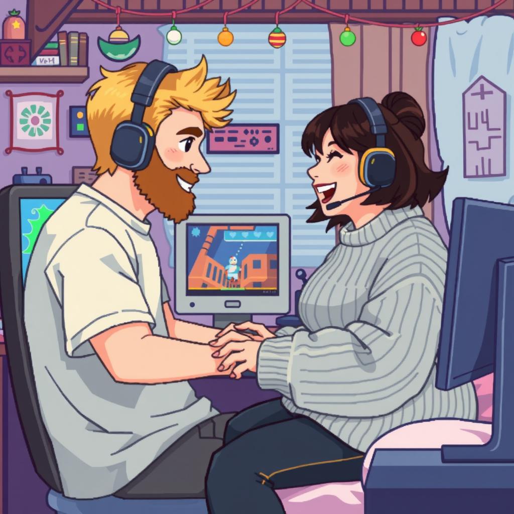 A delightful retro pixel art scene featuring a couple engaged in long-distance online gaming