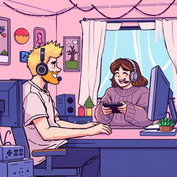 A delightful retro pixel art scene featuring a couple engaged in long-distance online gaming