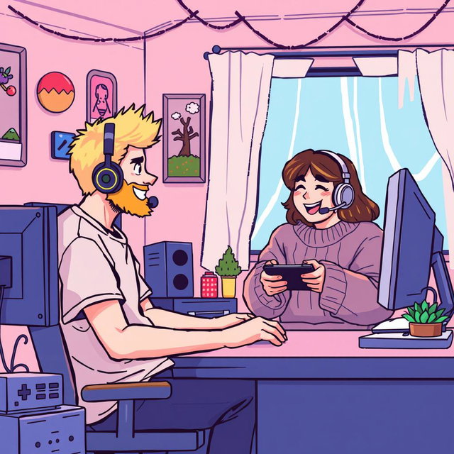A delightful retro pixel art scene featuring a couple engaged in long-distance online gaming