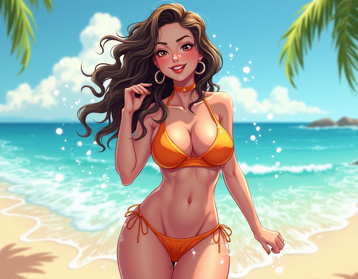 An anime-style illustration of a confident and alluring woman with curly hair, depicted in a playful and artistic manner