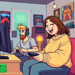 A delightful retro pixel art scene depicting a cute couple engaged in online gaming from their own separate rooms