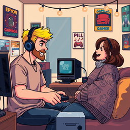 A delightful retro pixel art scene depicting a cute couple engaged in online gaming from their own separate rooms