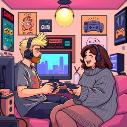 A delightful retro pixel art scene depicting a cute couple engaged in online gaming from their own separate rooms