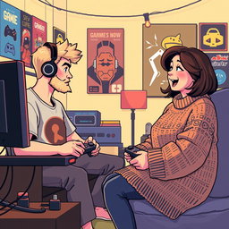 A delightful retro pixel art scene depicting a cute couple engaged in online gaming from their own separate rooms