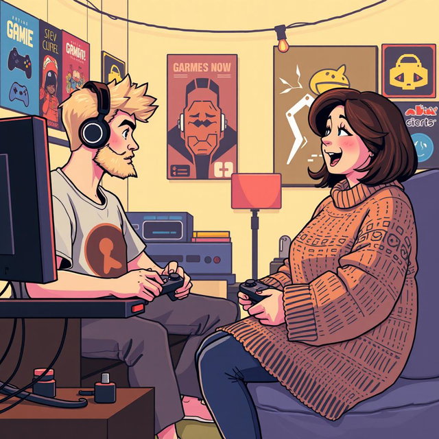 A delightful retro pixel art scene depicting a cute couple engaged in online gaming from their own separate rooms