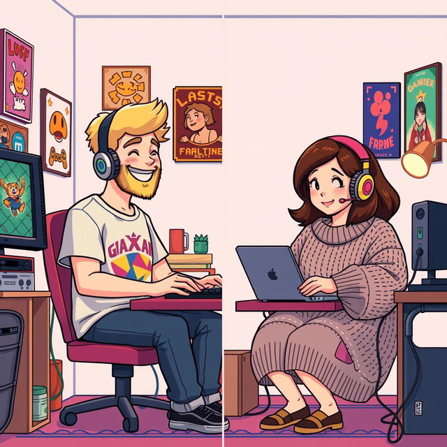 A charming retro pixel art scene featuring a cute couple engaging in online gaming from their separate rooms