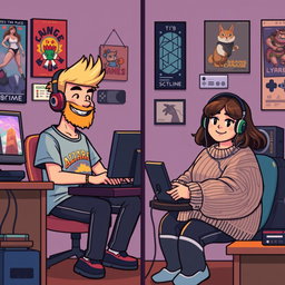 A charming retro pixel art scene featuring a cute couple engaging in online gaming from their separate rooms