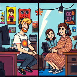 A charming retro pixel art scene featuring a cute couple engaging in online gaming from their separate rooms