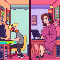 A charming retro pixel art scene featuring a cute couple engaging in online gaming from their separate rooms